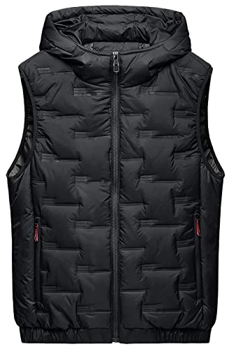 Men's Sleeveless Hooded Jacket Cotton Quilted Gilet Warm Winter Vest Down Body Warmer with Hood Zip Pockets Padded Waistcoat Lightweight Windproof Gilet Short Zip Up Sleeveless Coat Black M