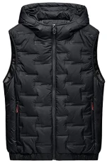 Men's Sleeveless Hooded Jacket Cotton Quilted Gilet Warm Winter Vest Down Body Warmer with Hood Zip Pockets Padded Waistcoat Lightweight Windproof Gilet Short Zip Up Sleeveless Coat Black M