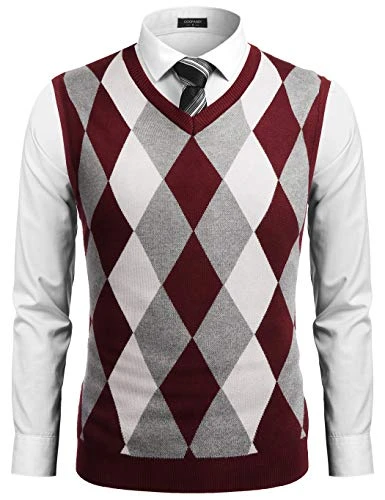 Men's Sleeveless V Neck Pullover Sweater Slim Fit Casual Argyle Sweater Vest Wine Red