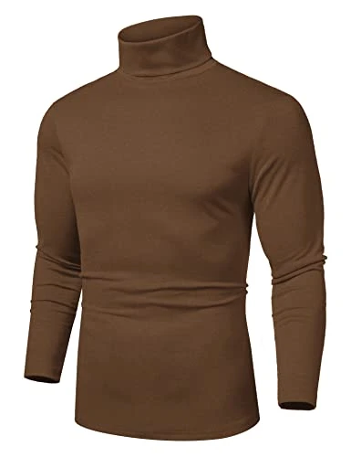 Men's Slim Fit Basic Turtleneck T Shirts Casual Knitted Pullover Sweaters, Brown, Large