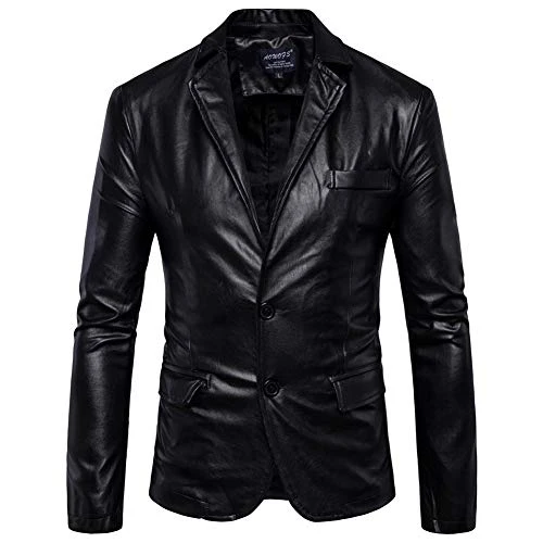 Mens Slim Fit Blazer Double Button Leather Jacket Black 3XL