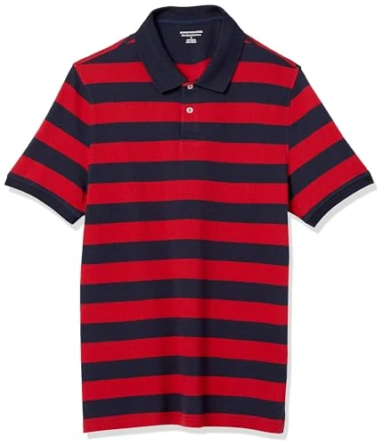 Men's Slim-Fit Cotton Pique Polo Shirt, Navy Red Rugby Stripe, L