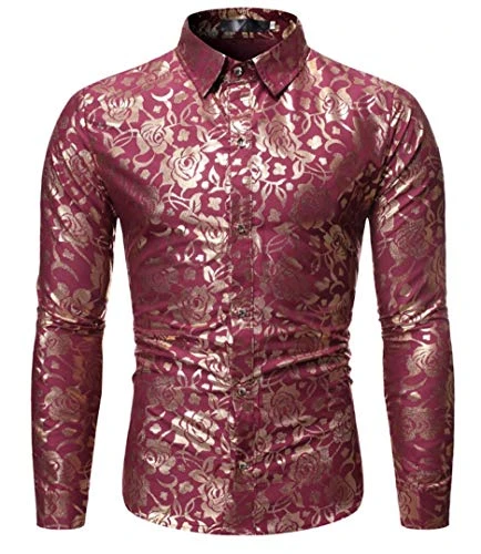 Men's Slim Fit Floral Shirt Long Sleeves Buttons Down Dress Shirt Easy Care Prom Shirt Casual Shirt 