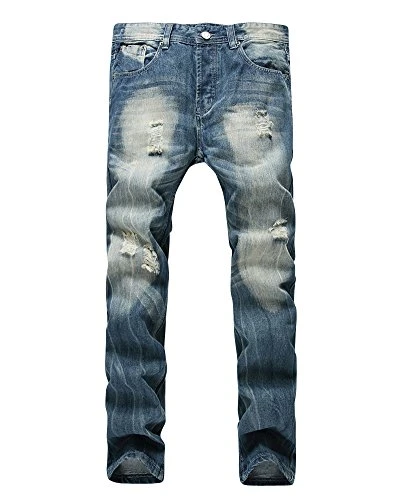 Men's Slim Fit Jeans Retro Loose Jeans Straight Leg Denim Ripped Trousers Dark Blue 38