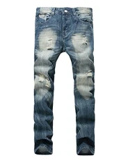 Men's Slim Fit Jeans Retro Loose Jeans Straight Leg Denim Ripped Trousers Dark Blue 38