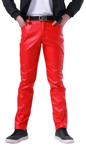 Men's Slim Fit Leather Trousers Stretch Elastic Faux PU Pencil Pants Wet Look Straight Leg Trousers 