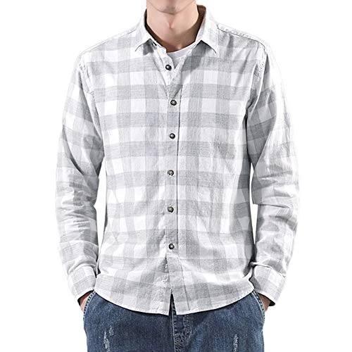 Men's Slim Fit Long Sleeve Button Down Plaid Casual Shirt Light Grey L