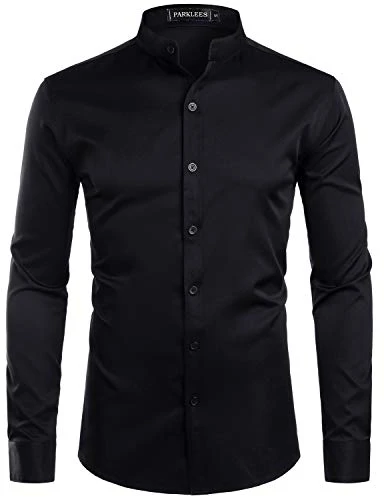 Men's Slim Fit Long Sleeve Button Up Casual Band Collar Shirts Black S