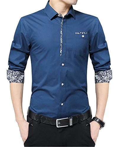 Men's Slim Fit Long Sleeve Fleece Lined Shirt Warm Padded Button Down Shirts ZBlue S