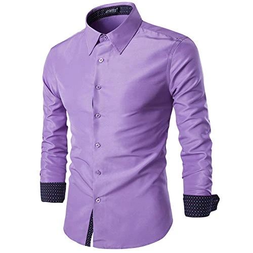 Mens Slim Fit Long Sleeve Plaid Printings Business Checked Shirt Light Purple M