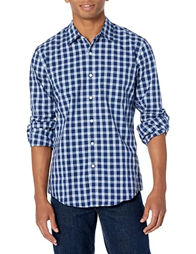 Men's Slim-Fit Long-Sleeve Poplin Shirt, Navy White Plaid, L