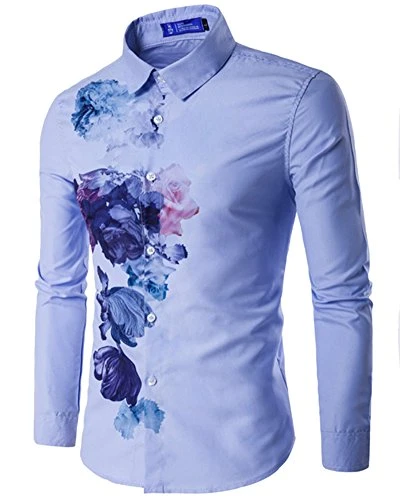 Mens Slim Fit Long Sleeve Print Casual Turn-Down Collar Shirts Blue M