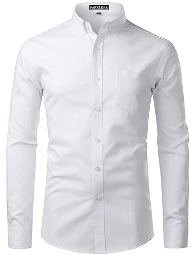 Men's Slim Fit Long Sleeve Smart Casual Button Down Oxford Shirts PZ111 White M