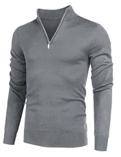Men's Slim Fit Mock Neck Long Sleeve Zip up Turtleneck Pullover Polo Sweater Grey