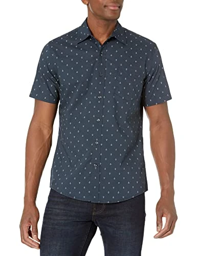 Men's Slim-Fit Short-Sleeve Print Shirt, Navy White Anchor Print, L