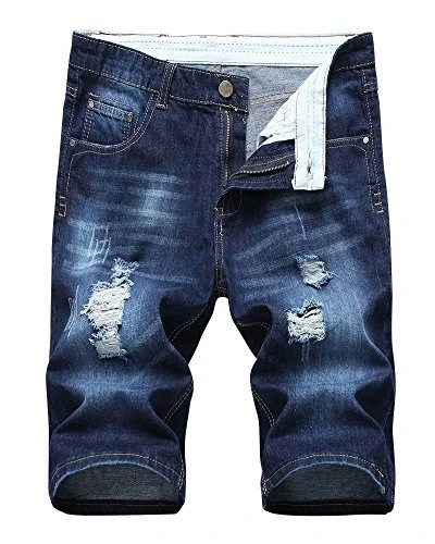 Mens Slim Fit Shorts Jeans Shorts Knee Length Hole Ripped Denim Jeans Half Pants Dark Blue 34