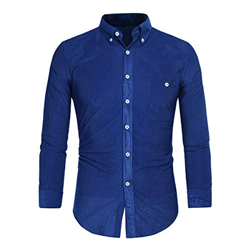 Mens Slim Fit Solid Color Dress Shirts Long Sleeve Formal Shirt Deep Blue