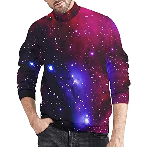 Men's Slim Fit Turtleneck Sweater Casual Knitted Pullover Sweaters with 3D Star Sky Universe Print P