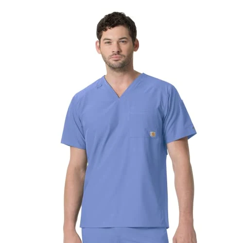 Men's Slim Fit V-Neck Top Medical Scrubs Shirt, Ceil Blue, Large