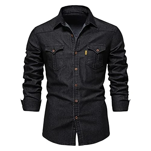 Mens Slim Fit Washed Denim Work Shirts with Chest Pockets Classic Long Sleeve Button Down Lapel Coll