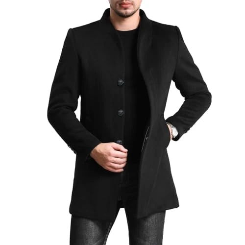 Mens Slim Fit Winter Coat Mid Length Overcoat Wool Trench Coat Casual Warm Outdoor Coat Jacket #1681 Black XS