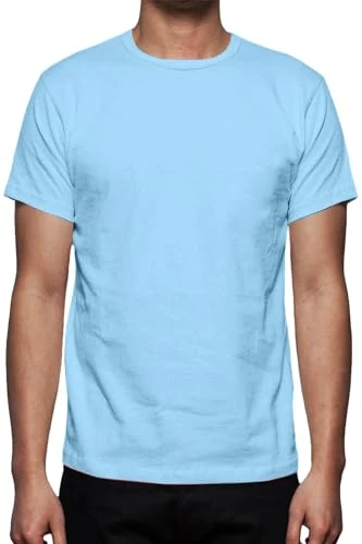 Mens Slim Fitted Casual Crew Neck Printed T Shirt Plain Light-Blue Large