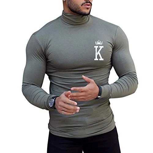 Men's Slim Letter Print top Tight-Fitting Fashion high-Neck Long-Sleeved t-Shirt Gray