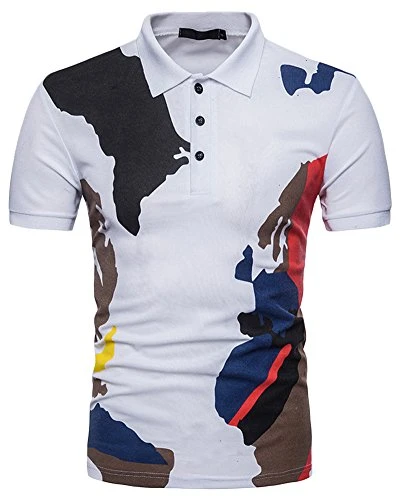 Mens Slim Polo Shirts Camouflage Printed Lapel Casual Short Sleeve T-Shirt White L