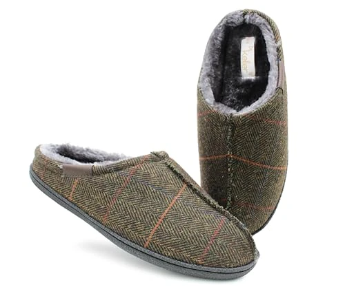 Mens Slip On Faux Fur Lined Mules Backless Lightweight Indoor House Slippers (Khaki, UK Footwear Siz