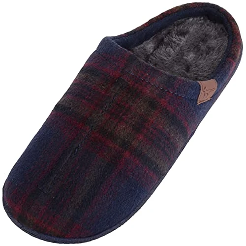 Mens Slip On On Back Traditional Tartan Checked Fleece Lined Mule Slipper - Navy - UK 10 / EU 44