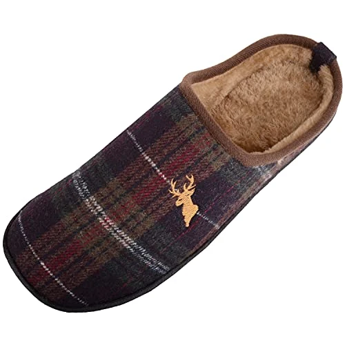 Mens Slip On Open Back Faux Fur Tartan Checked Mule Slipper with Stag Motif - Brown - UK 10 / EU 44