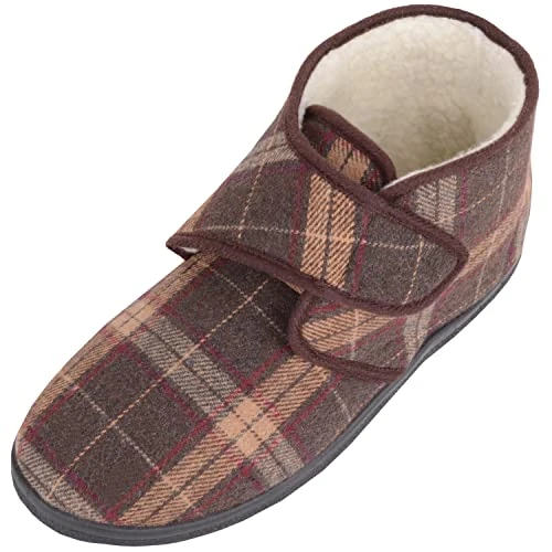 Mens Slip On Tartan Checked Super Warm Bootie Slippers with Ripper Fastening - Brown - UK 11 / EU 45