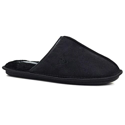 Mens Slippers New Slip On Mules Faux Sheepskin Fur Cosy Slippers with Memory Foam (Black, UK Footwea