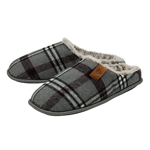 Mens Slippers Slip On Mule Comfy House Shoes Faux Fur Lined Memory Foam Sizes 7-12 (Charcoal Check, 