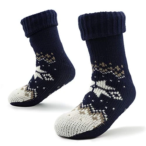 Mens Slippers Socks, Warm Fluffy Non Slip Socks, Gifts For Men (Navy/White)