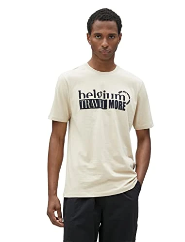 Men's Slogan Printed T-Shirt Crew Neck Short Sleeve Cotton, Beige (057), L