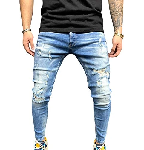 Men's Small feet Denim Trousers Classic Torn Jeans Frayed Small feet Stretch Jeans