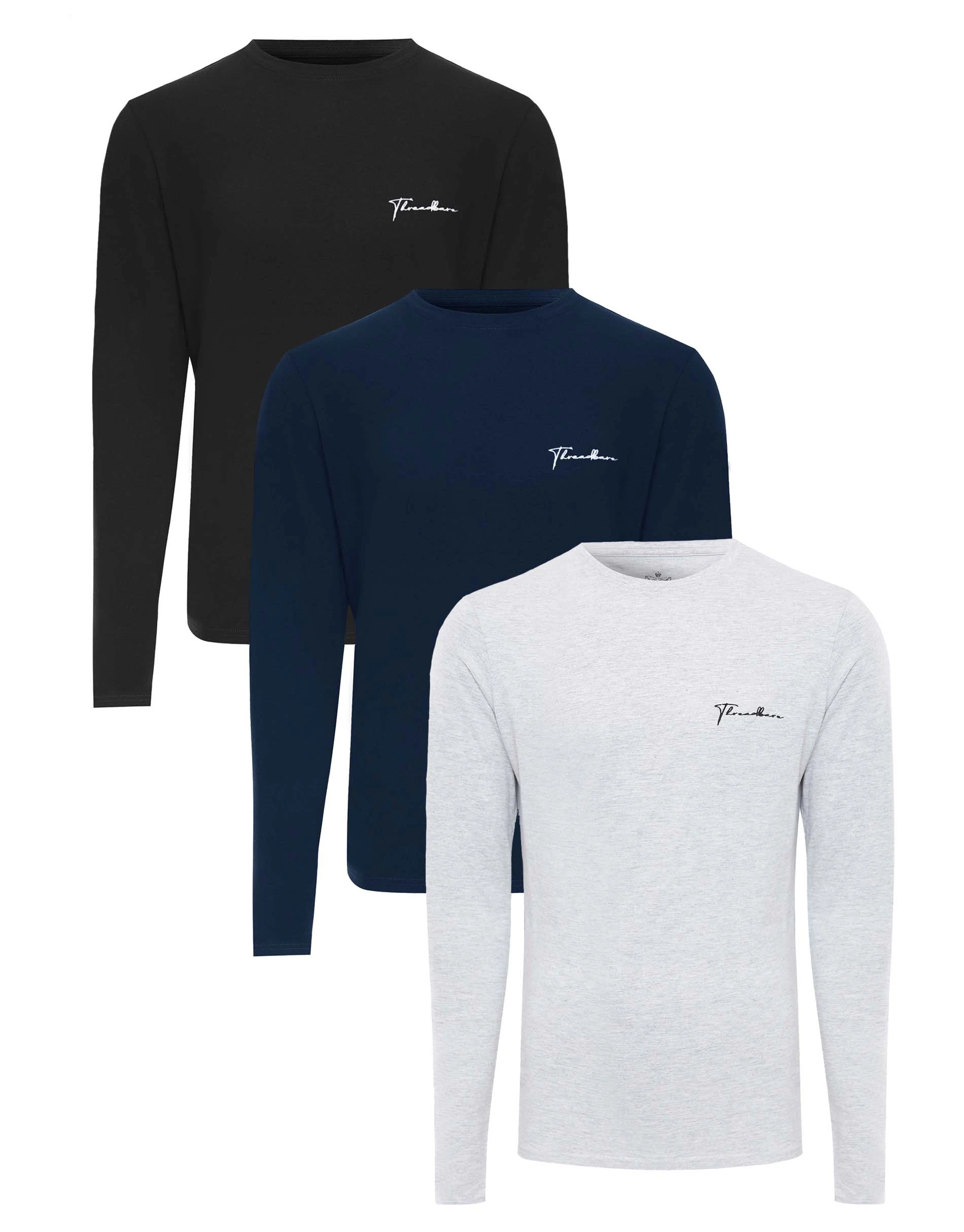 Men's Small Script Long Sleeve Crew Neck T-Shirts (3 Pack)