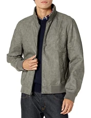 Men's Smooth Lamb Touch Faux Leather Unfilled Windbreaker Bomber Jacket, Light Grey, 3XL