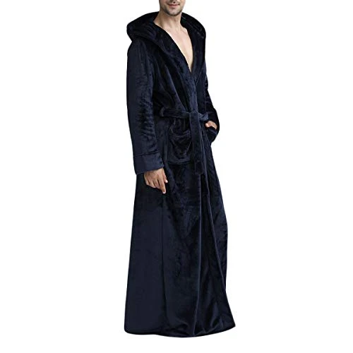 Mens Soft Fleece Dressing Gown Hooded Bathrobe Winter Warm Long Robes Fluffy Loungewear Nightwear Housecoat #1706 Navy L