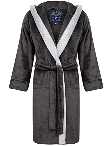 Men's Soft Fleece Hooded Two Tone Dressing Gown - Dark Grey - M