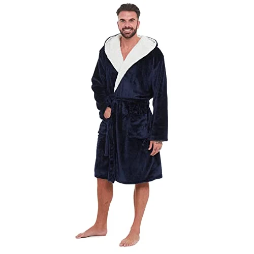 Mens Soft Plush Fleece Dressing Gown Luxury Super Coral Polar Lightweight Warm Thick Cosy Bath Robe Night Lounge Wear Long Sleeve Cozy Bathrobe Belt Fastening Housecoat Nightwear (SUN 31-649 Navy M)