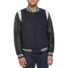 Men's Soft Shell Hooded Flight Bomber Jacket Varsity, Navy Mixed Media, L Men's Soft Shell Hooded Flight Bomber Jacket Varsity, Navy Mixed Media, L