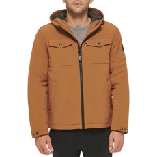 Men's Soft Shell Two Pocket Hooded Trucker Jacket Insulated, Brown W. Quilted Lining, XXL Men's Soft Shell Two Pocket Hooded Trucker Jacket Insulated, Brown W. Quilted Lining, XXL