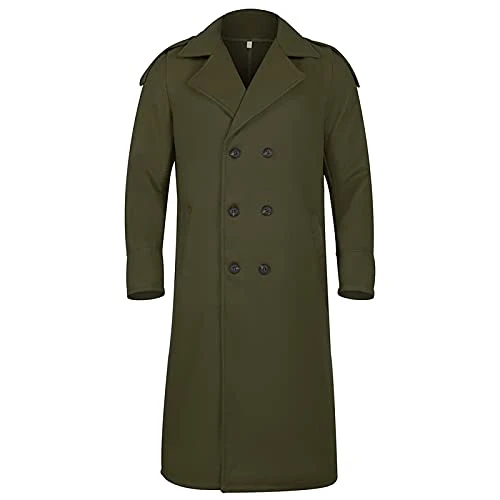Men's Solid Color Elongated Office Jacket Winter Splice Lapel Double-Breasted Jackets Effect Man, Army Green, XXL