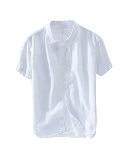 Men's Solid Color Shirts Linen Short Sleeve Regular Fit Casual Shirt White L