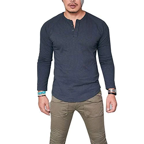 Mens Solid Long Sleeve Casual T-Shirt Top Slim Muscle Fit Blue L