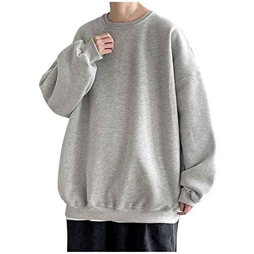 Men's Solid Sweatshirt Loose Fit Long Sleeve Crewneck Tops Stretch Pullover Sweaters Warm Fleece Pul