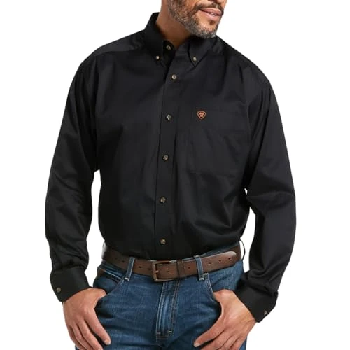 Men's Solid Twill Classic Fit Shirt Long Sleeve Western Button, Black, XL