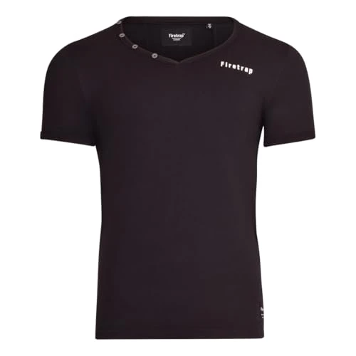 Mens Spirit V Neck T-Shirt Short Sleeves Buttoned Collar Ribbed V-Neck Top Casual Clothing Black L